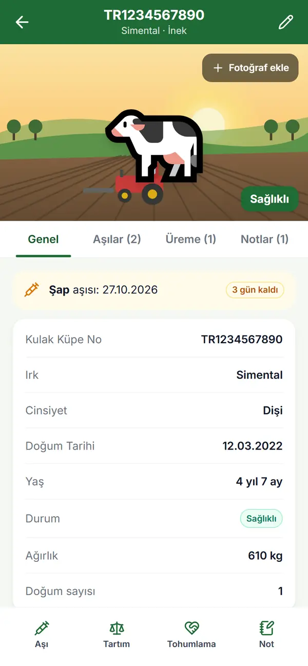 Hayvan kartı: küpe numarası, ırk, doğum tarihi, ağırlık ve üç gün sonraki şap aşısı