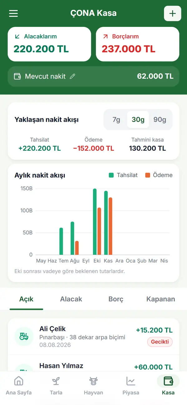 Kasa ekranı: alacaklar, borçlar, mevcut nakit ve aylık nakit akışı grafiği